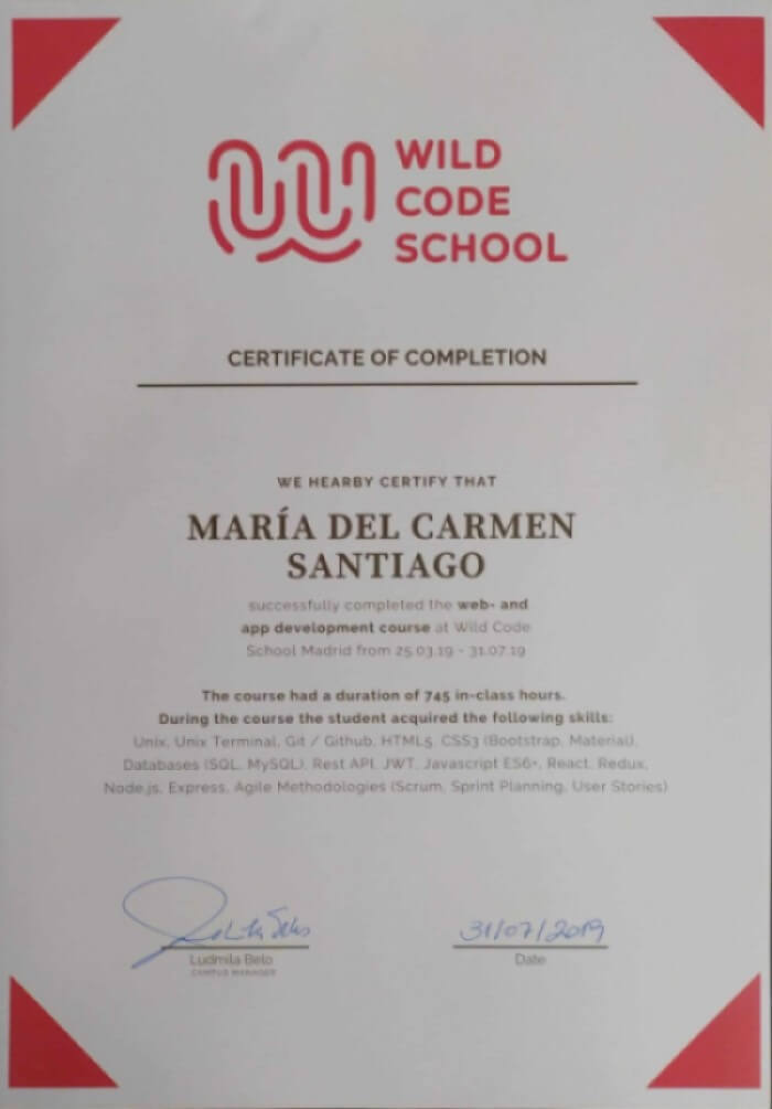 Wild Code School certificate